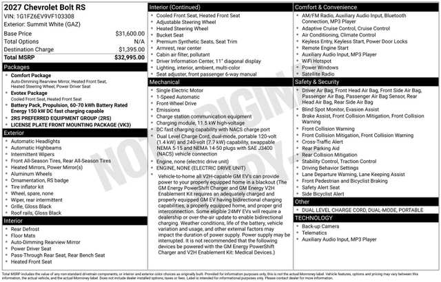 2027 Chevrolet Bolt Ev RS